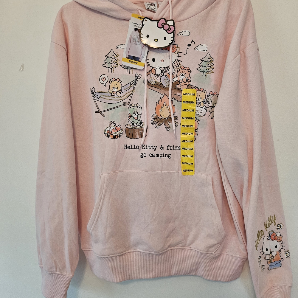 NWT Hello Kitty Pink Camping Themed Hooded Sweatshirt Size Medium